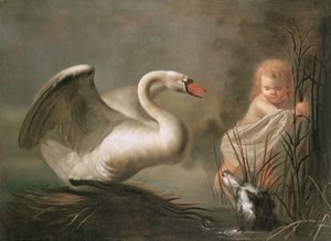 Un cygne gardant son nid contre un enfant et un épagneul