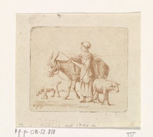 Bergère avec un mulet, un mouton et un chien