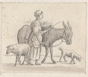 Femme avec un âne, un mouton et un chien