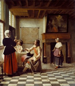 Un intérieur, avec une femme buvant avec deux hommes, et une servante