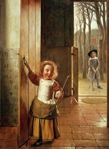 Enfants dans une porte avec des bâtons de 