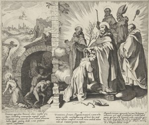 Catherine en prière / Vision de Catherine / Catherine devient dominicaine (Scènes de la vie et des miracles de Sainte Catherine de Sienne) - Pieter de Jode (I)