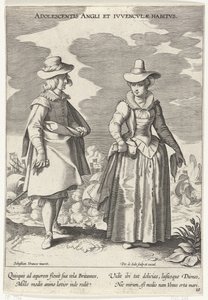Couple vêtu à la mode anglaise, vers 1610 (Adolescentis Angli et Ivvenclvae Habitvs) (Costumes de différents pays) (Variarum Gentium Ornatus)