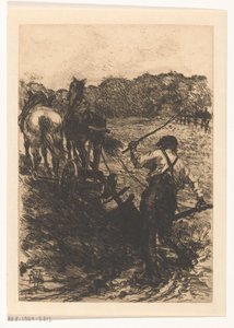 Paysans avec deux chevaux labourant