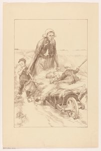 Paysanne poussant une brouette de foin avec deux enfants - Pieter de Josselin
