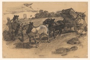 Attelage de trois chevaux pour une charrette sur un champ en pente à Limbourg