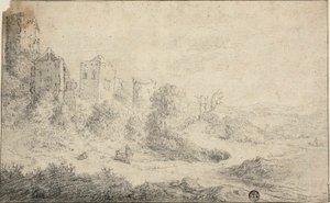Paysage avec château en ruine et trois figures