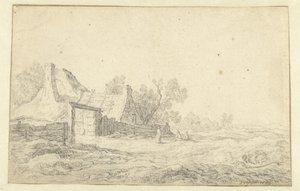 Paysage de dunes avec trois figures devant une ferme