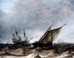 Un smalschip et un vaisseau de guerre dans une mer agitée
