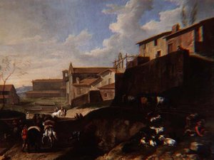 Vue capricieuse avec églises, cottages et voyageurs