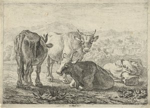 Allemand : Drei Rinder und ein schlafender Hirte
Français : Les boeufs
Trois bovins et un berger endormi