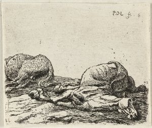 Allemand : Zwei tote Pferde
Français : Les deux chevaux morts
Deux chevaux morts - Pieter van Laer