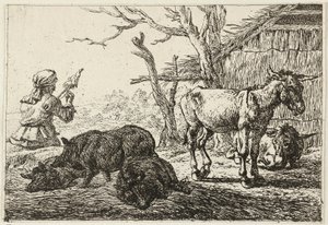 Porcs et ânes dans une étable, à gauche une fileuse - Pieter van Laer