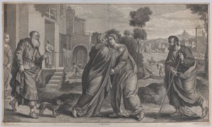 Visitation, Sainte Élisabeth embrassant la Vierge au centre alors que Saint Joseph marche..., vers 1656-60