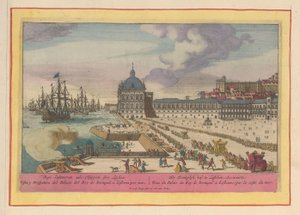 Vue du Palais Royal à Lisbonne et de la cour avec des gens - Pieter van den Berge