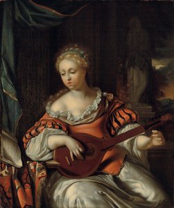 Une dame jouant du luth dans un portique