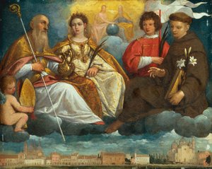Saint Prosdocimus, Justina, Daniel et Antoine de Padoue en gloire avec vue du Prato Della Valle, Padoue