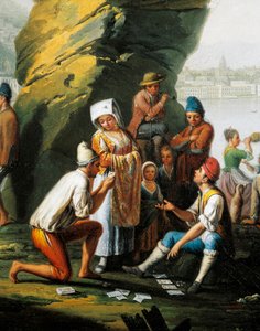Scène de la vie quotidienne dans la grotte de Posillipo, hommes jouant aux cartes, par Pietro Fabris, détail
