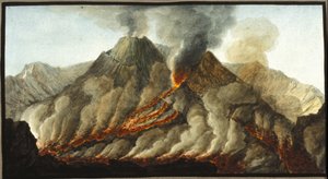 Le Vésuve en éruption. Cette gouache a été réalisée par Pierre Fabris, à la demande de Sir William Hamilton, ambassadeur anglais à Naples. Bibl. Braidense, Milan.