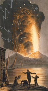 Vue de la grande éruption du Vésuve dans la nuit du dimanche 8 août 1779 depuis le palais de Sa Majesté Sicilienne à Pausilipo, Planche II, publiée en 1779 (gravure coloriée à la main)
