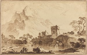 Pont fortifié contre des montagnes lointaines - Pietro Giacomo Palmieri