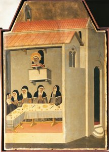 La Bienheureuse Humilité lisant miraculeusement dans le réfectoire de Santa Perpetua, carreau du retable de la Bienheureuse Humilité par Pietro Lorenzetti