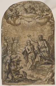 Le Baptême du Christ avec Dieu le Père et des anges parmi les nuages