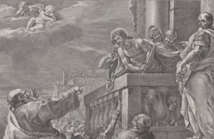 Christ sur un balcon entouré de gardes, Pilate se tient à droite en faisant un geste - Pietro Monaco