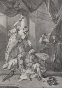 Jaël enfonçant un piquet de tente dans la tempe de Sisera endormi, à droite un se..., vers 1730-39 - Pietro Monaco