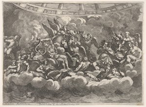 Rassemblement de divers dieux olympiens et figures mythologiques parmi les nuages, Apollon au centre..., vers 1680 - Pietro Santi Bartoli