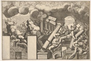 Géants écrasés par des rochers et les colonnes tombantes du temple, nuages de fumée au-dessus...