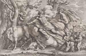 Io à gauche en vache, Jupiter sur un nuage au centre et Junon à droite avec paon, 1650-90