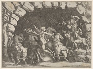 Pluton, vu de dos, entrant dans les Enfers sur son char, Cerbère et trois Furies..., vers 1680