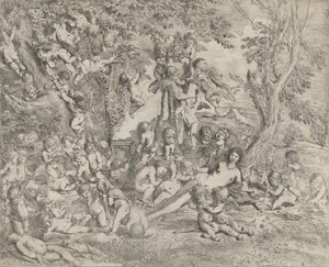 Le Jardin de Vénus qui repose au centre devant un hermès de Pan et entourée..., vers 1631-37 - Pietro Testa