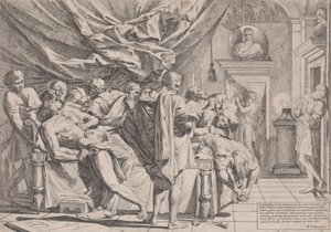 Le suicide du philosophe Caton, qui est allongé sur son lit en train de se retirer les entrailles, observé par..., 1648 - Pietro Testa
