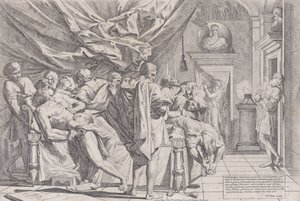 Le suicide du philosophe Caton, qui est allongé sur son lit en train de se tirer les entrailles, observé par..., 1648 - Pietro Testa