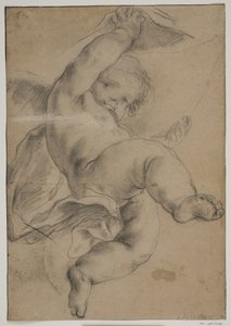 Putto volant soulevant un rideau