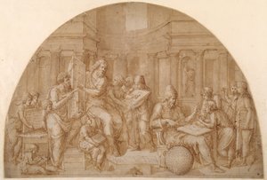 Conception pour une lunette, avec des figures de mathématiciens et leurs étudiants