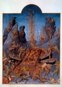 Enfer. Les diables actionnent des soufflets pour attiser le feu, brûlant les damnés et leur infligeant divers tourments. Miniature dans "Les très riches heures du duc de Berry"