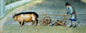 Mars : neige, travaux agricoles, paysan labourant un champ (détail)
