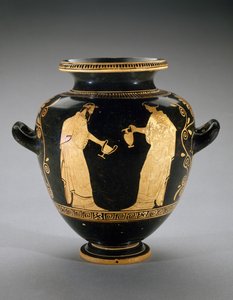 Stamnos à figures rouges avec scène de Dionysos avec servante (440-420 av. J.-C.)