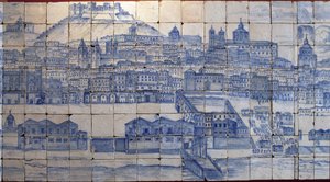Vue panoramique de Lisbonne, avant le tremblement de terre de 1755 - Azulejos début XVIIIe siècle, panneau de l