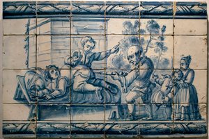 Le médecin faisant un lavement à un patient - Panneau satirique de Lisbonne, première moitié du XVIIIe siècle - Musée national des azulejos, Lisbonne (Portugal)