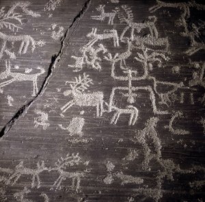 Civilisation des Camunni, Préhistoire, art rupestre : roche funéraire, détails de la grande roche de Naquane, en Valcamonica. Museo archeologico de Milan - Prehistoric Prehistoric