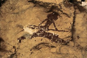 Art rupestre : femme chasseresse. Préhistoire, Paléolithique supérieur. Grotte de Tio Garroso, Espagne