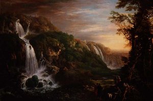La grande cascade à Tivoli avec la villa de Mécène et un artiste inspiré par un philosophe
