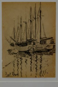Voiliers, Narcís Puget Riquer, dessin au fusain, musée Puget, maison noble de Can LLaudis, Dalt Vila, Ibiza, îles Baléares, Espagne - Puget Riquer