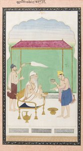 Ranjit Singh assis sur une chaise en or, assisté par un porteur de morchal