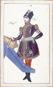 Portrait de Nasir al-Din Shah, main reposant sur un canon, c. 1853-4 - Qajar School
