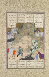 Le dernier tournoi des tours : Gudarz contre Piran, Folio 346r du Shahnama..., vers 1525-30